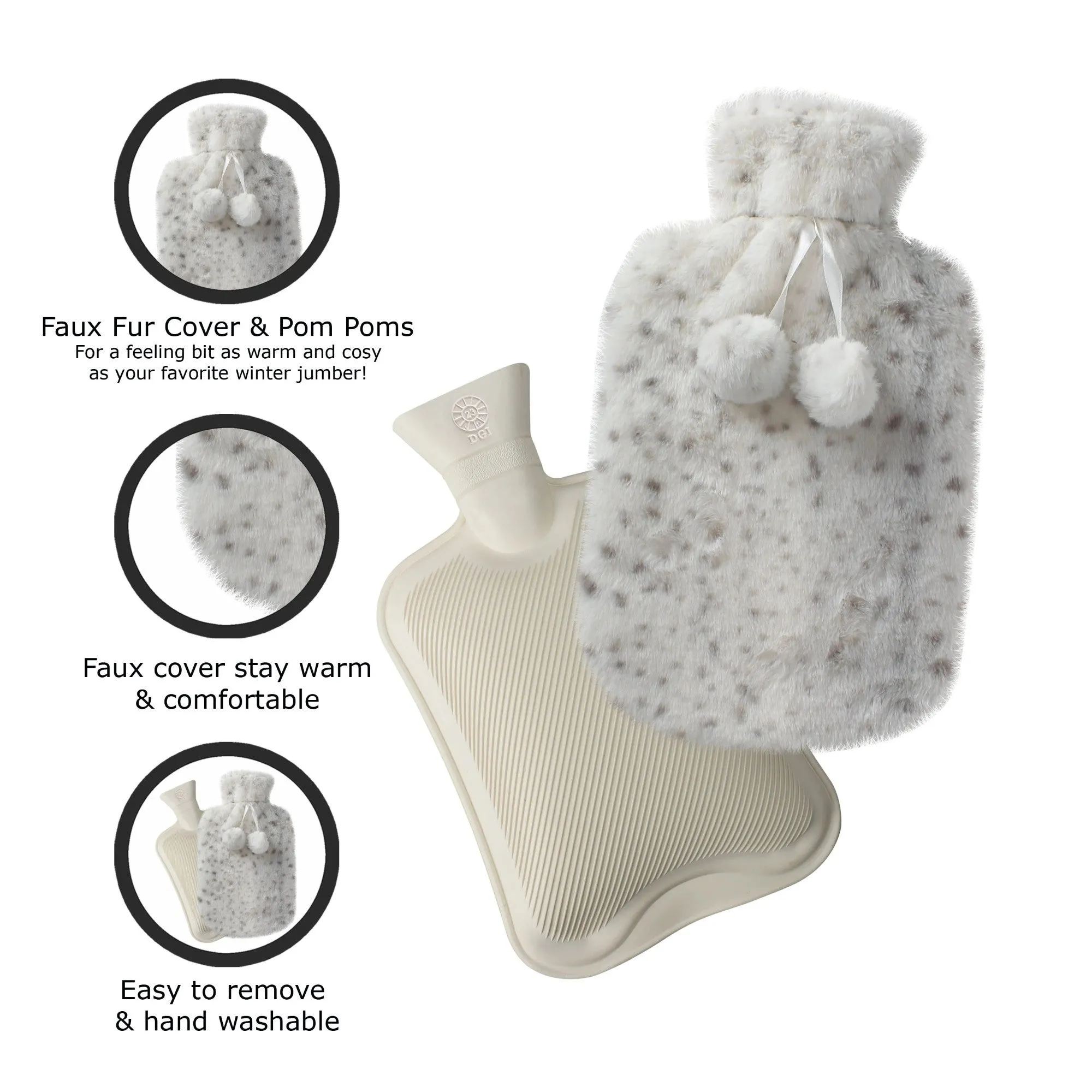 2 Litre Hot Water Bottle with Faux Rabbit Fur Cover | Warm, Soft and Fluffy - Choice of Colour