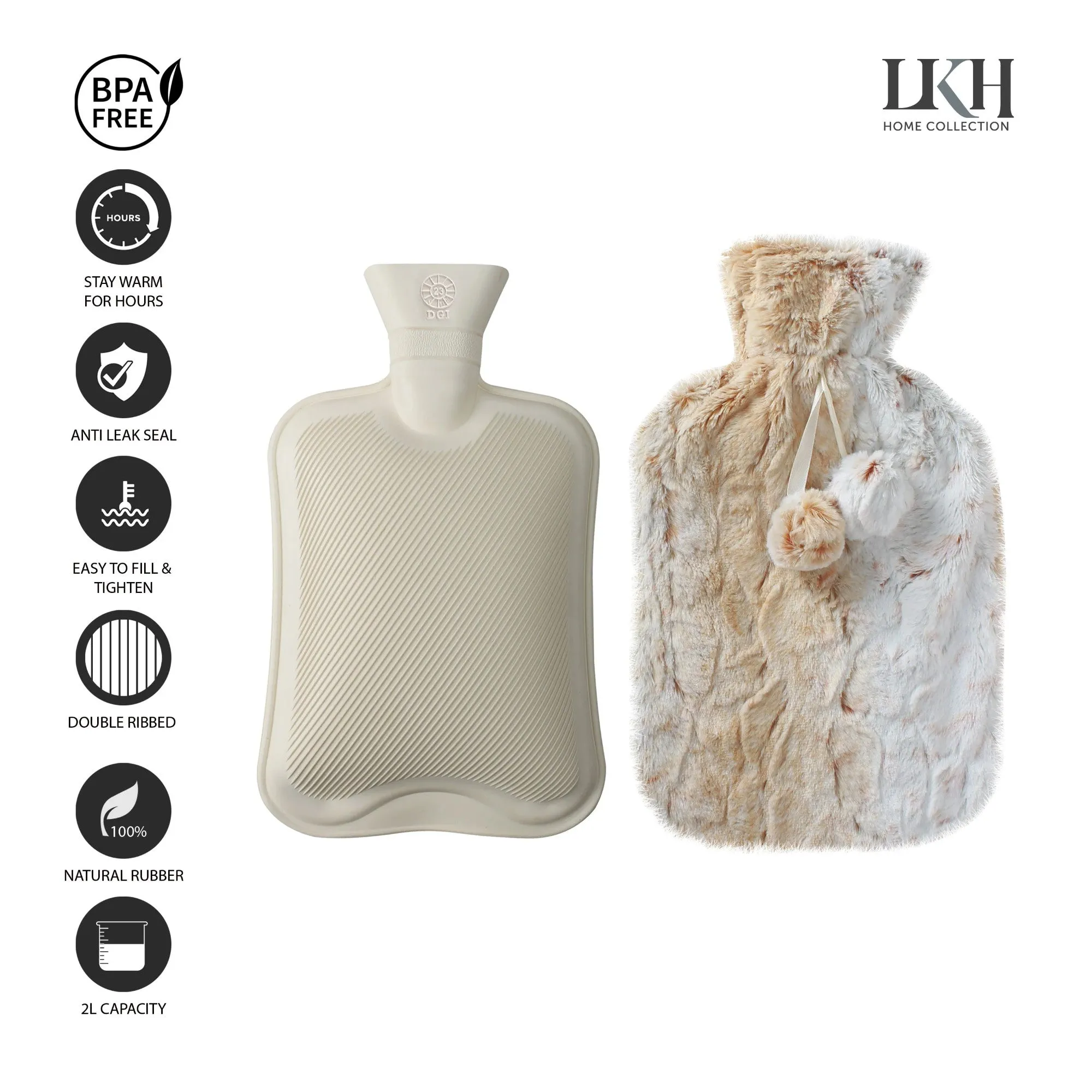 2 Litre Hot Water Bottle with Faux Rabbit Fur Cover | Warm, Soft and Fluffy - Choice of Colour