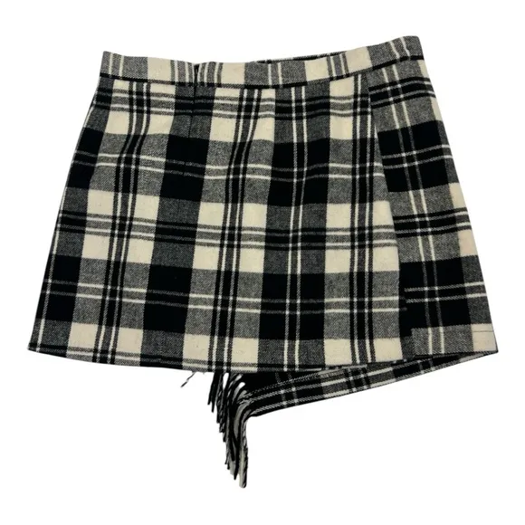 Antonio MelaniGeorgie Woven Brushed Plaid Fringe Wrap Front Mini A-Line Skirt