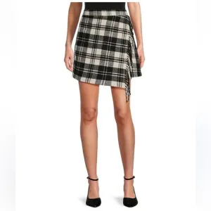Antonio MelaniGeorgie Woven Brushed Plaid Fringe Wrap Front Mini A-Line Skirt