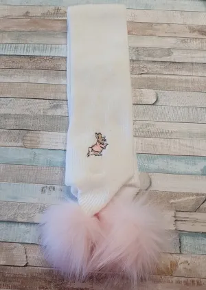 Baby Girls White Knitted Rabbit Scarf With Pink Fluffy Faux Fur Pom Pom