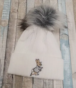 Baby White Knitted Rabbit Single Grey Fluffy Faux Fur Pom Hat