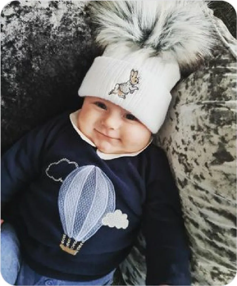 Baby White Knitted Rabbit Single Grey Fluffy Faux Fur Pom Hat