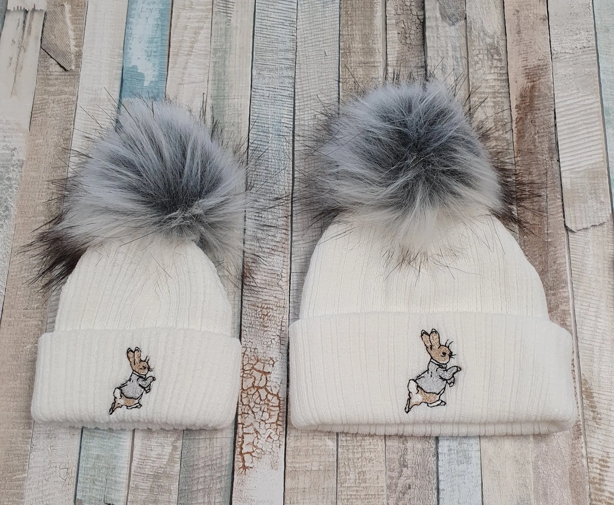 Baby White Knitted Rabbit Single Grey Fluffy Faux Fur Pom Hat