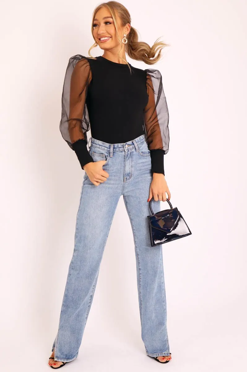 Black Ribbed Sheer Puff Sleeve Top - Orly