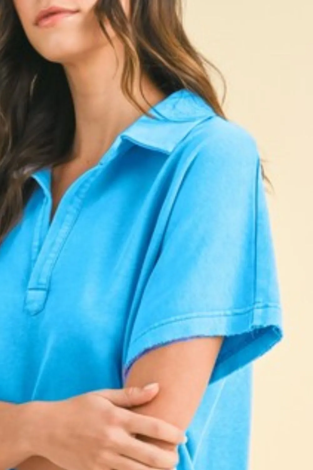 Blue Mineral Washed Johnny Collar Short Sleeve Dress