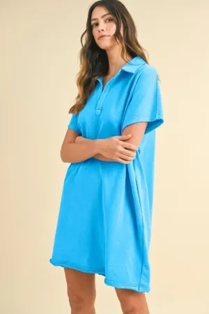 Blue Mineral Washed Johnny Collar Short Sleeve Dress