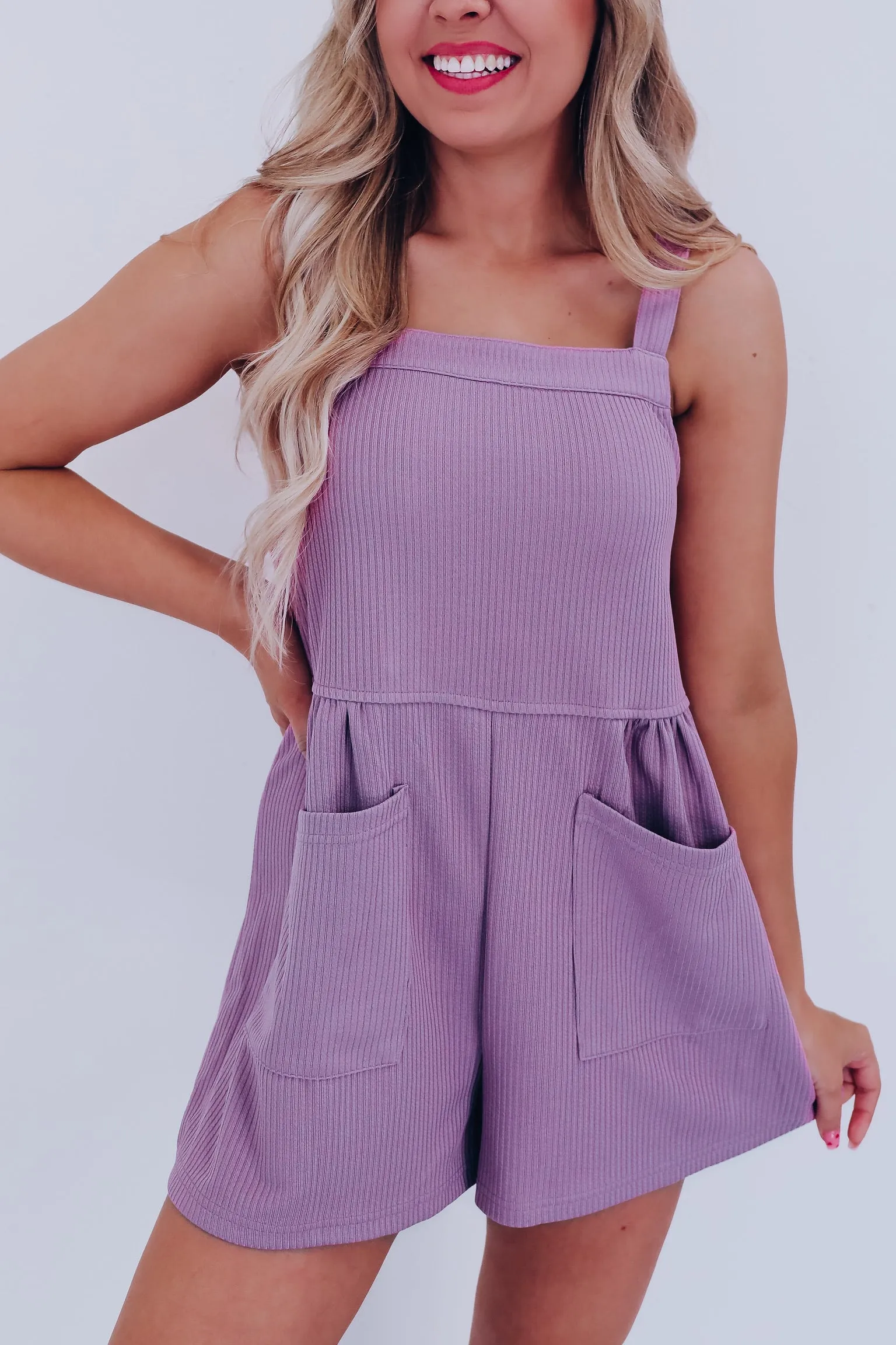 Bobi Ribbed Pocketed Romper- Lavender