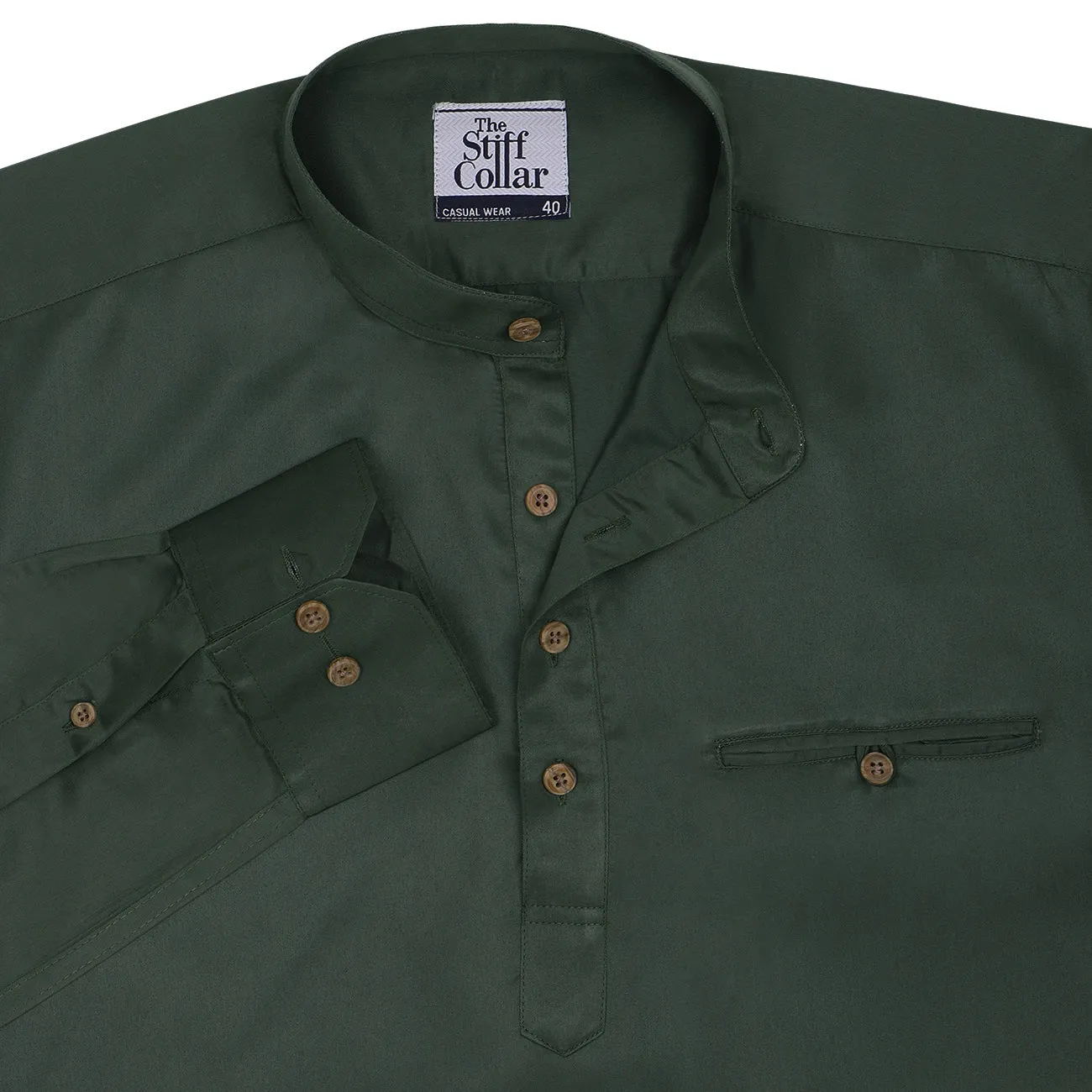 Bottle Green Satin Rolled Up Sleeves Premium Kurta Shirt