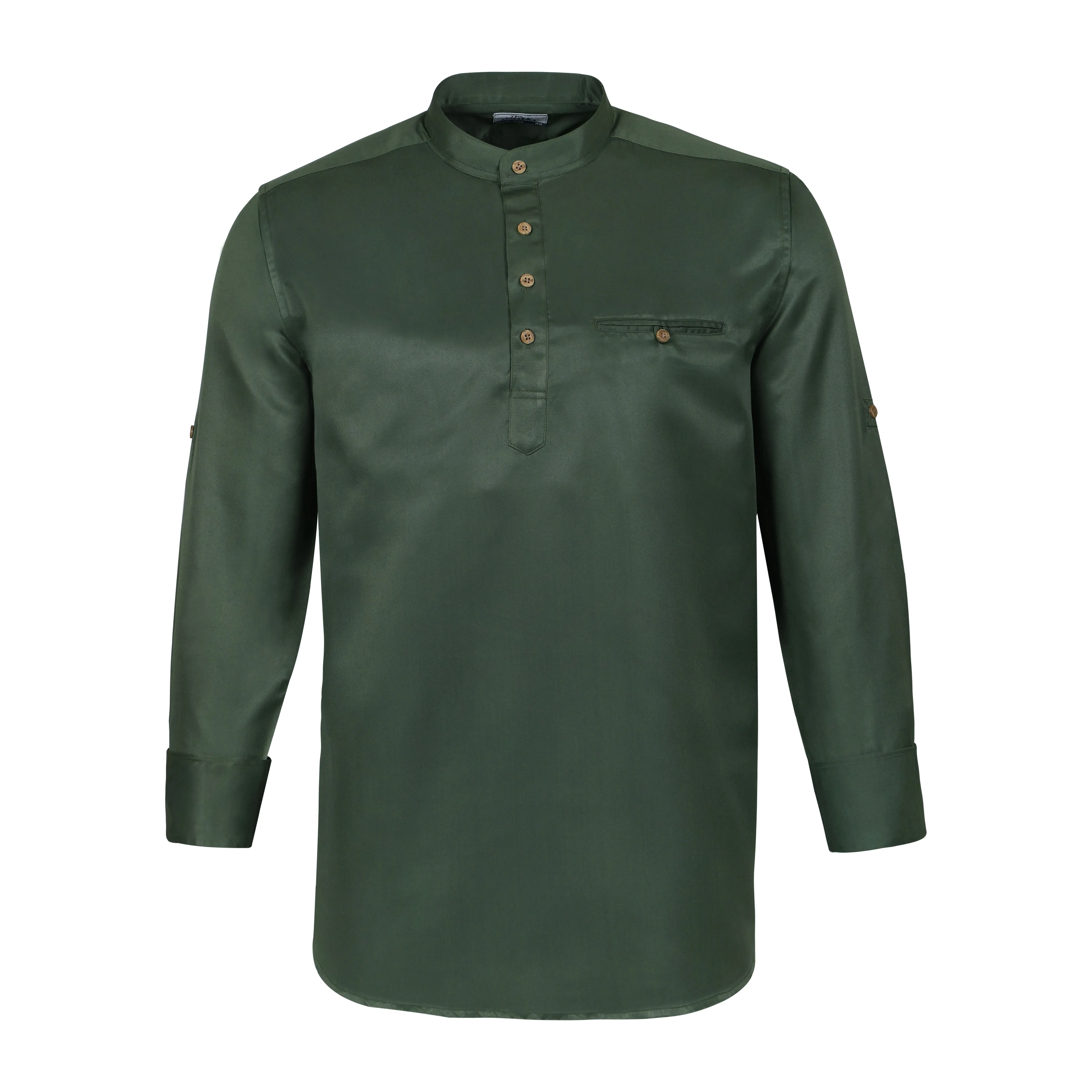 Bottle Green Satin Rolled Up Sleeves Premium Kurta Shirt