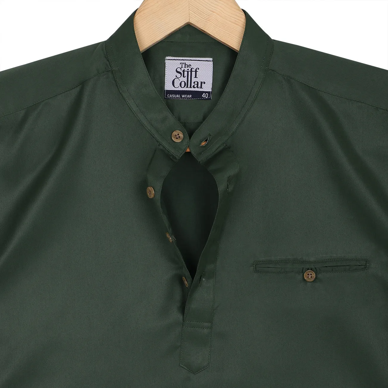 Bottle Green Satin Rolled Up Sleeves Premium Kurta Shirt