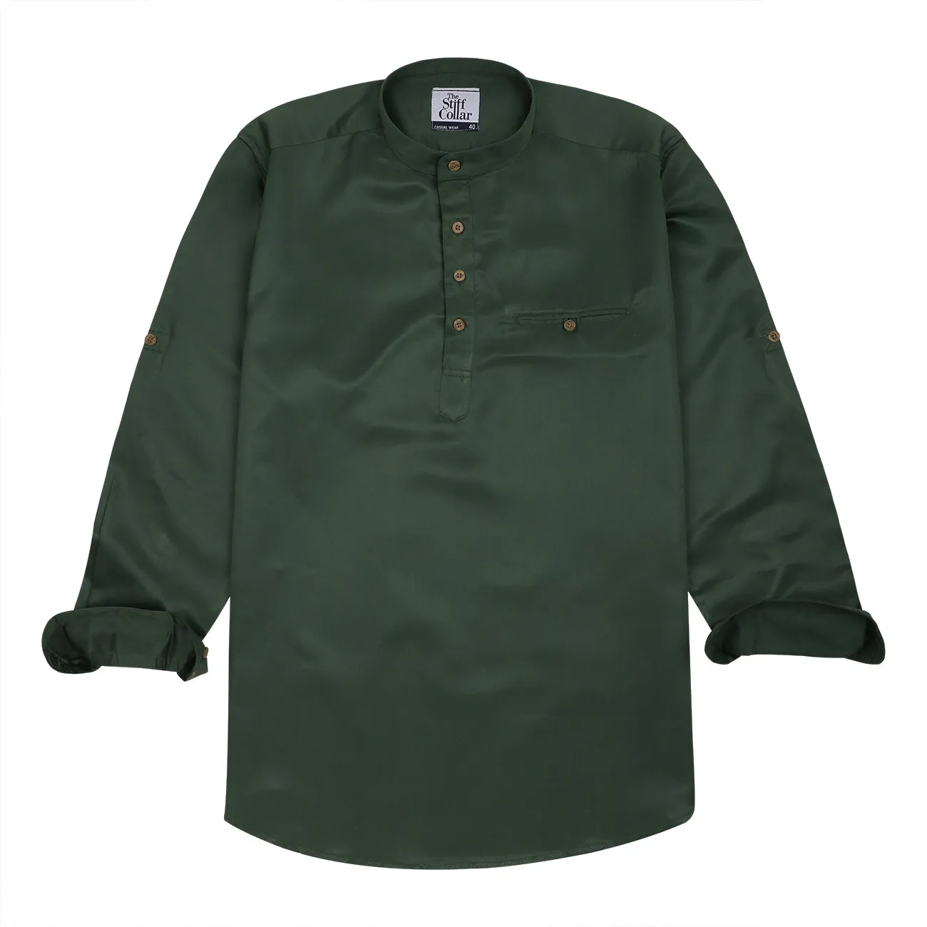 Bottle Green Satin Rolled Up Sleeves Premium Kurta Shirt