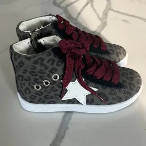 Brand new leopard print Hoo high top sneakers with burgundy laces size 10