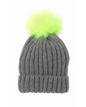 Brand new Women's Free Press Knit Faux Fur Pompom Beanie! Grey & Florescent Yellow! Retails $50 