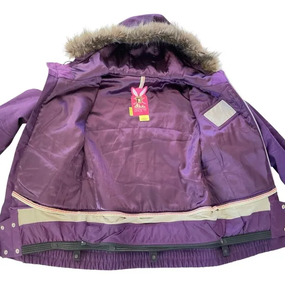 BURTON Lush Dry Ride Snowboard Ski Jacket Women’s L Purple Fur Trim Hood Parka