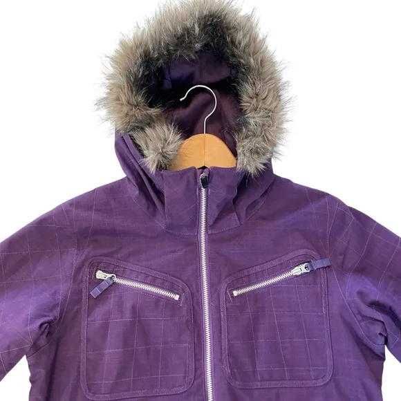 BURTON Lush Dry Ride Snowboard Ski Jacket Women’s L Purple Fur Trim Hood Parka