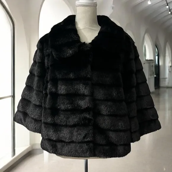 Calvin Klein  Black Faux Fur Cropped Special Occasion Cape Coat NWOT XL