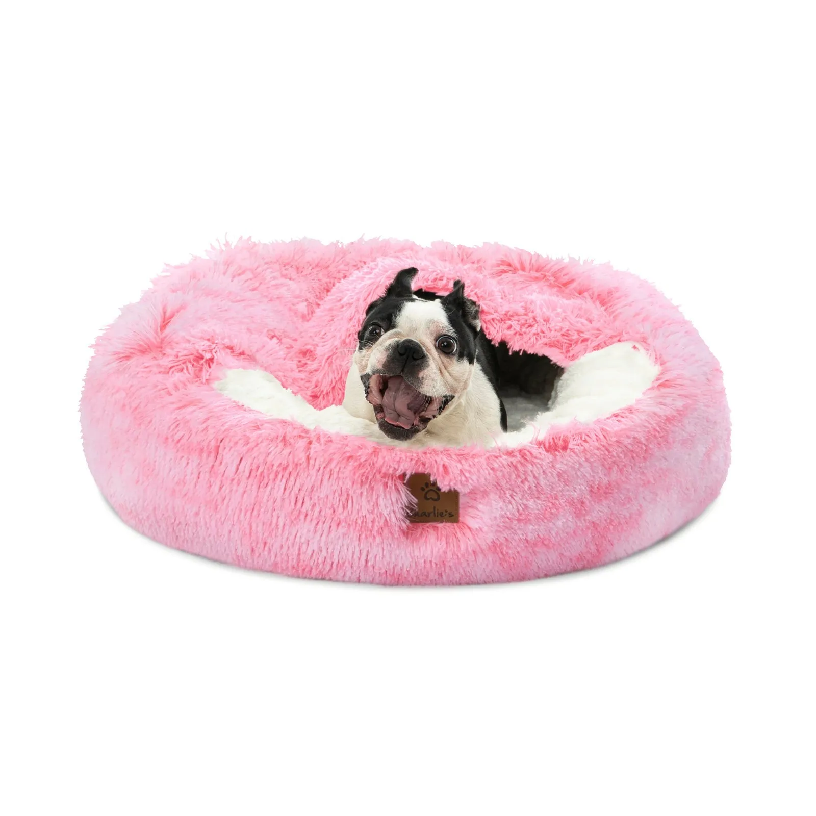 Charlie's Snookie Hooded Faux Fur Calming Dog Bed Ombre Pink Small
