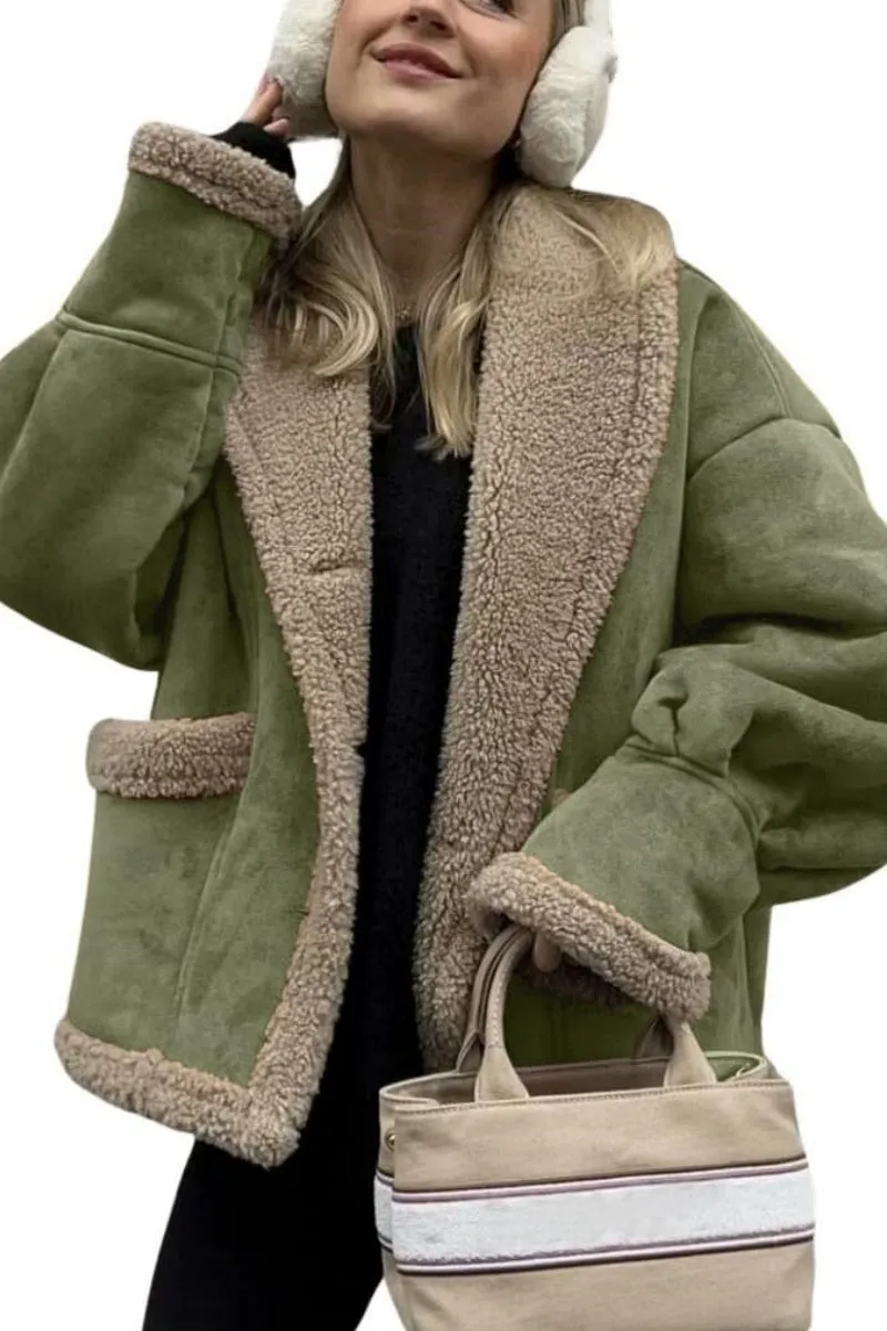 Chouyatou Women's Winter Casual Faux Suede Leather Jacket Button Down Fuzzy Sherpa Lined Jacket Coat