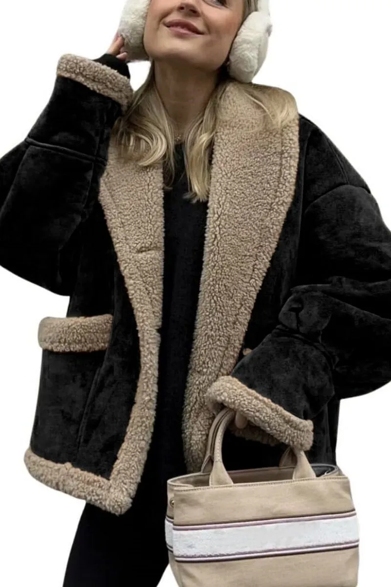 Chouyatou Women's Winter Casual Faux Suede Leather Jacket Button Down Fuzzy Sherpa Lined Jacket Coat