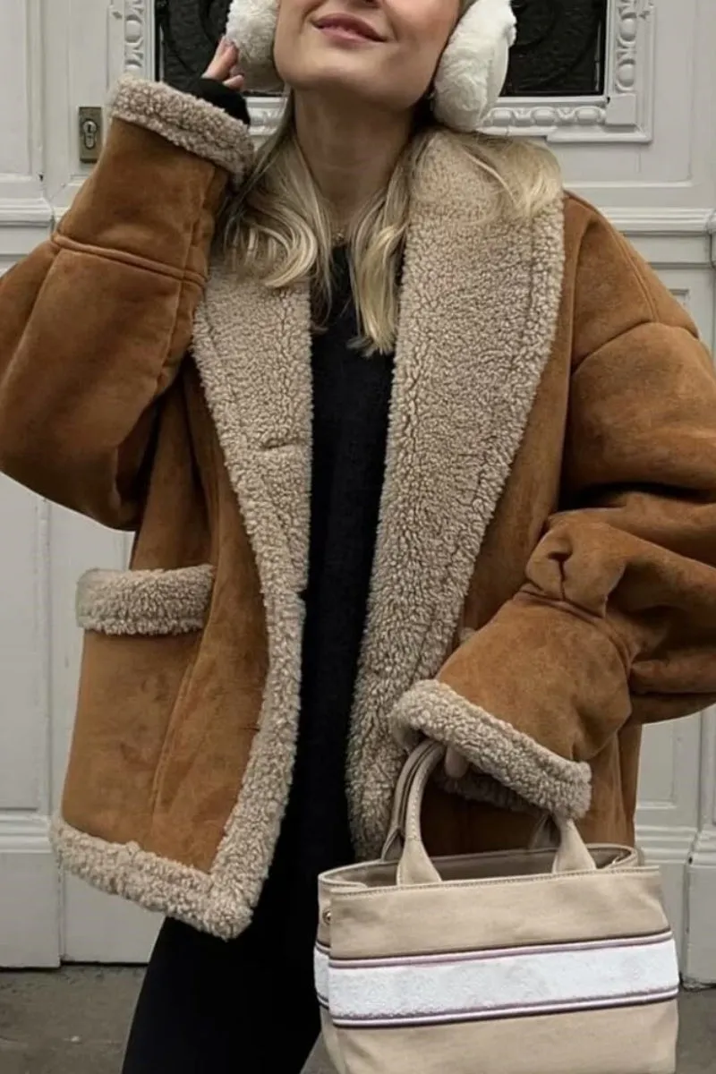 Chouyatou Women's Winter Casual Faux Suede Leather Jacket Button Down Fuzzy Sherpa Lined Jacket Coat