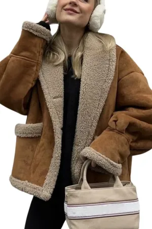 Chouyatou Women's Winter Casual Faux Suede Leather Jacket Button Down Fuzzy Sherpa Lined Jacket Coat