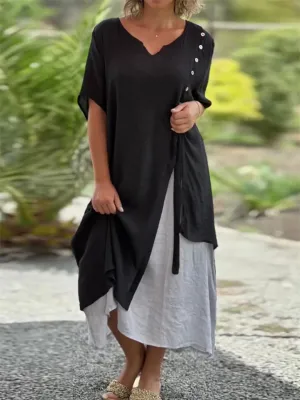 Country Style V Neck Short Sleeve Irregular Hem Dress for Women