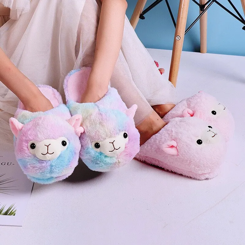 Cute Cartoon Alpaca Home Bedroom Fur Slippers