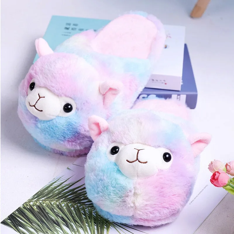 Cute Cartoon Alpaca Home Bedroom Fur Slippers