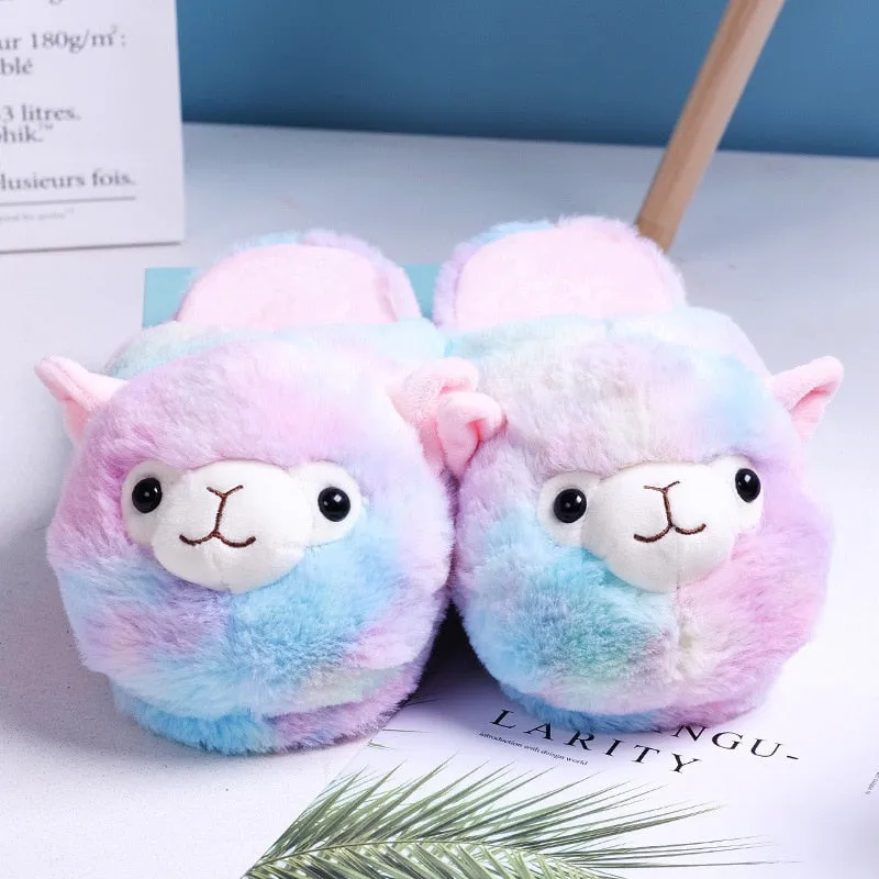 Cute Cartoon Alpaca Home Bedroom Fur Slippers