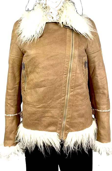 Diesel. Honey Brown Color Leather Faux Fur Boho Chic 70's Inspired Jacket