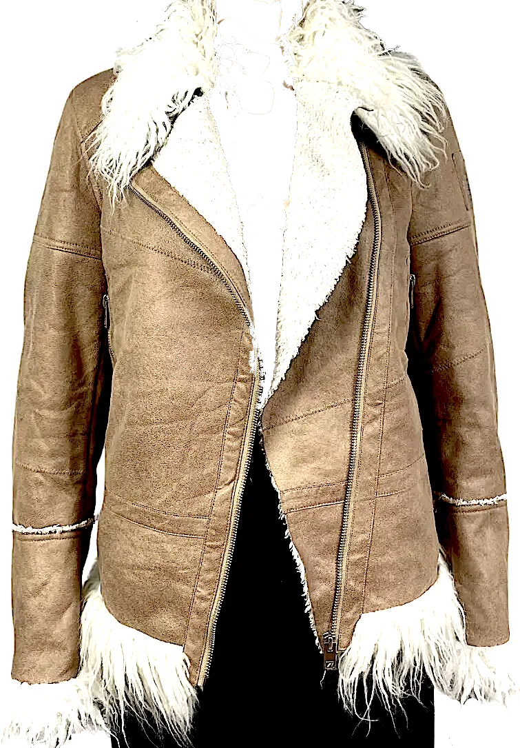 Diesel. Honey Brown Color Leather Faux Fur Boho Chic 70's Inspired Jacket