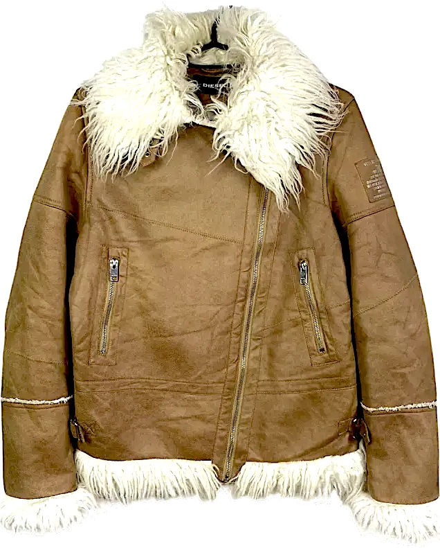 Diesel. Honey Brown Color Leather Faux Fur Boho Chic 70's Inspired Jacket