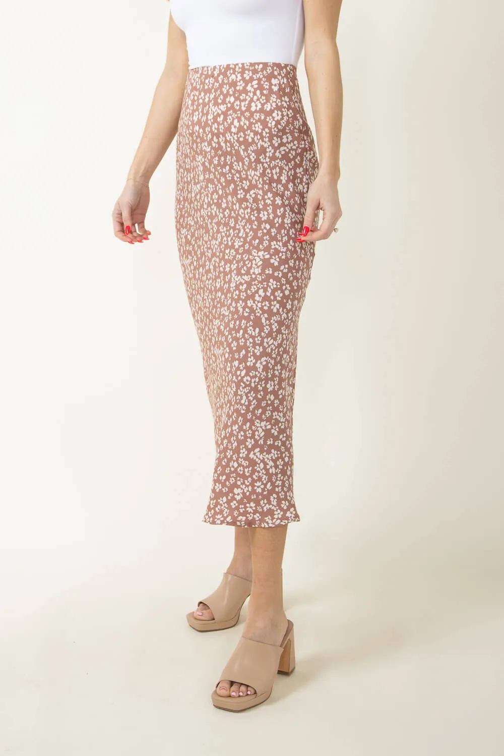 Ditsy Floral Midi Skirt for Women in Brown | 71120-MOCHA