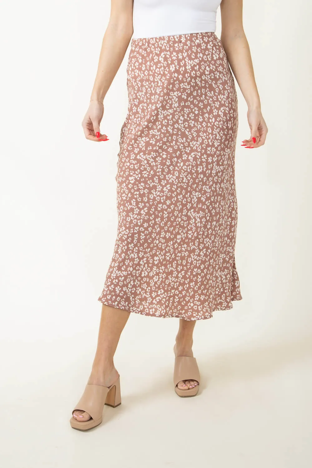 Ditsy Floral Midi Skirt for Women in Brown | 71120-MOCHA