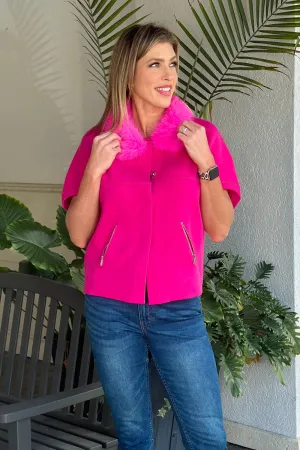 Dolce Cabo Faux Fur Collar Short Sleeve Cardigan-Hot Pink