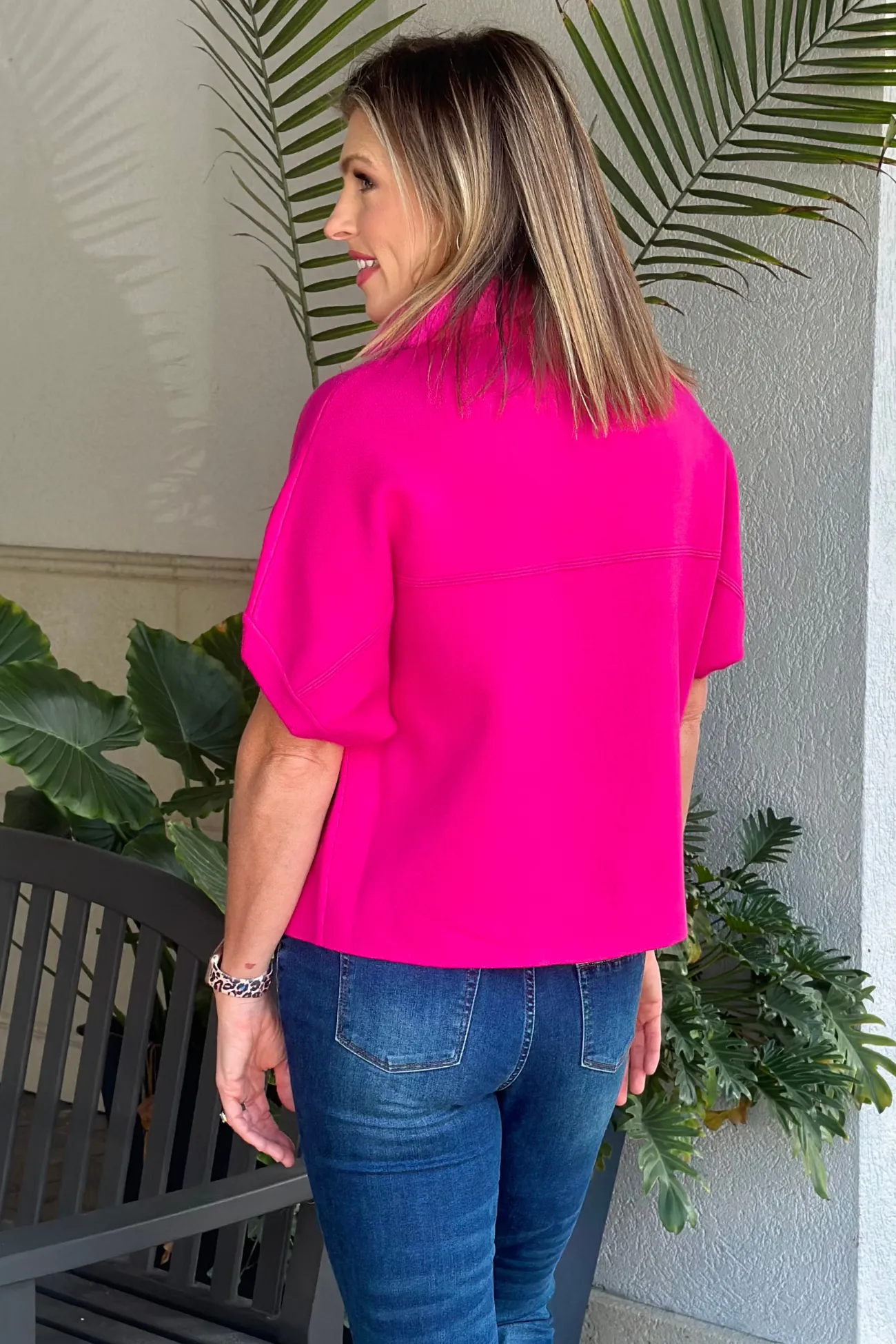 Dolce Cabo Faux Fur Collar Short Sleeve Cardigan-Hot Pink