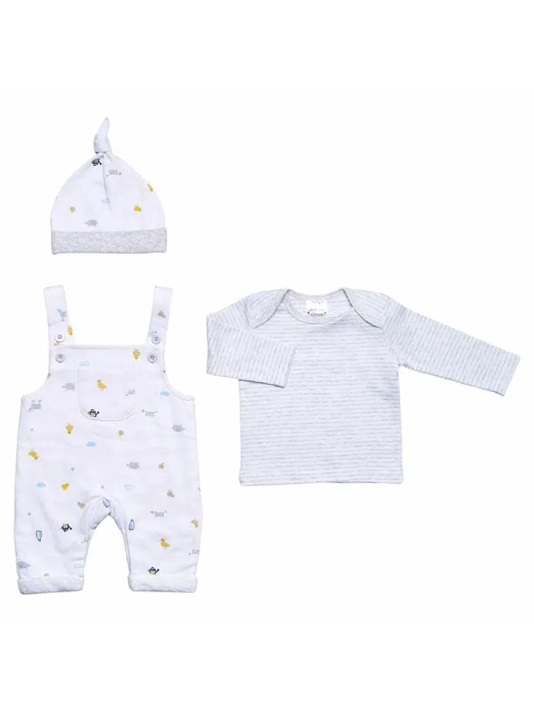 Farmyard 3 Piece Gift Set - White/Grey: Dungarees, Top & Hat