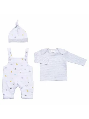 Farmyard 3 Piece Gift Set - White/Grey: Dungarees, Top & Hat