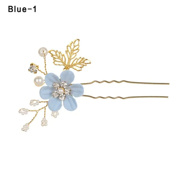 Fashion Luxury  Blue Flower Hair Combs Headdress Prom Bridal Wedding Hair Accessories Gold Leaves Hair Jewelry Hair Pins
