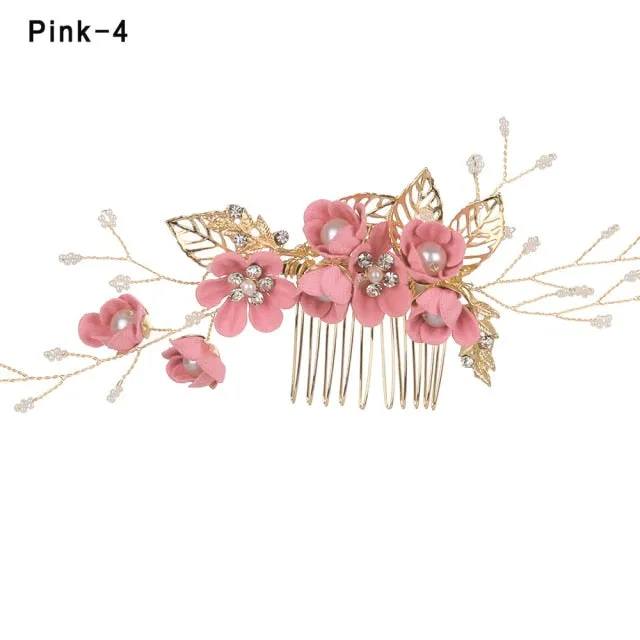 Fashion Luxury  Blue Flower Hair Combs Headdress Prom Bridal Wedding Hair Accessories Gold Leaves Hair Jewelry Hair Pins