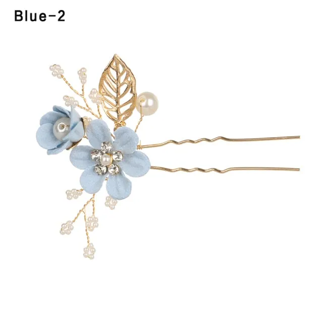 Fashion Luxury  Blue Flower Hair Combs Headdress Prom Bridal Wedding Hair Accessories Gold Leaves Hair Jewelry Hair Pins