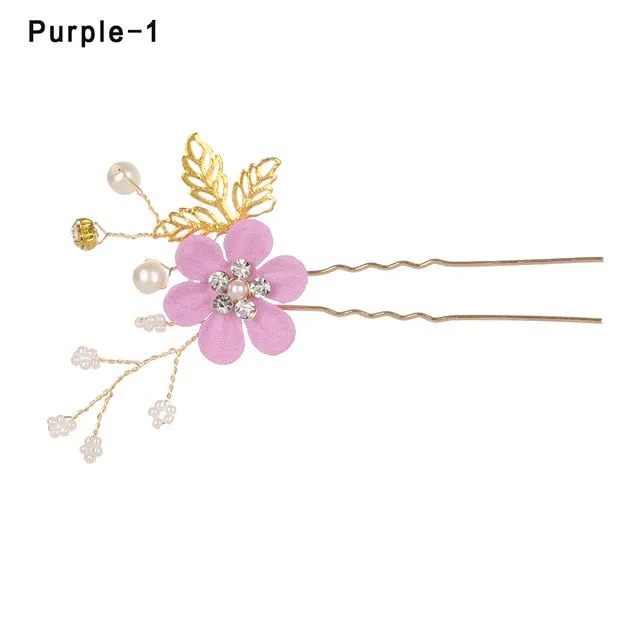 Fashion Luxury  Blue Flower Hair Combs Headdress Prom Bridal Wedding Hair Accessories Gold Leaves Hair Jewelry Hair Pins