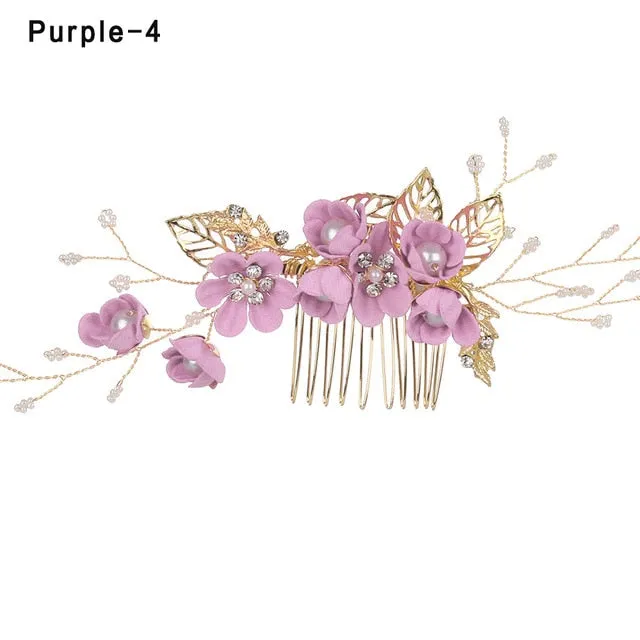 Fashion Luxury  Blue Flower Hair Combs Headdress Prom Bridal Wedding Hair Accessories Gold Leaves Hair Jewelry Hair Pins