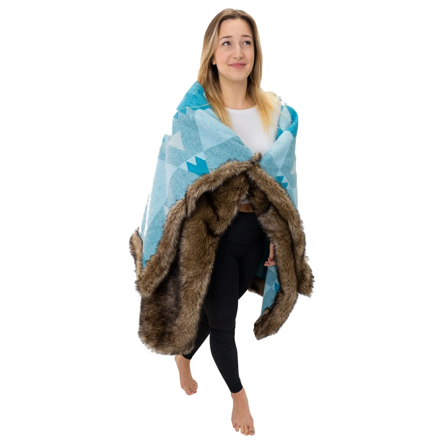 Faux Wolf Fur Blanket with Button Straps and Storage Pocket, 54 Inches x 64 Inches