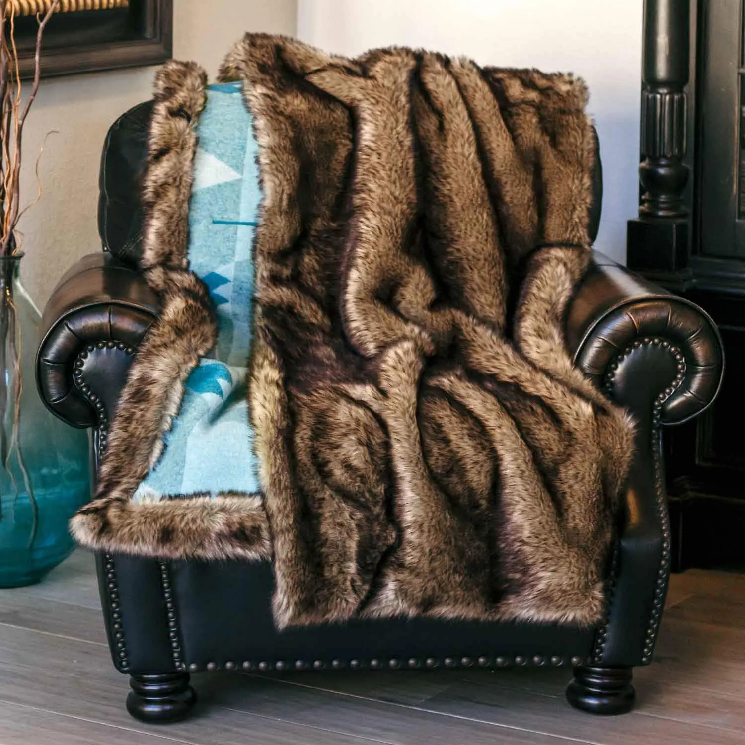Faux Wolf Fur Blanket with Button Straps and Storage Pocket, 54 Inches x 64 Inches