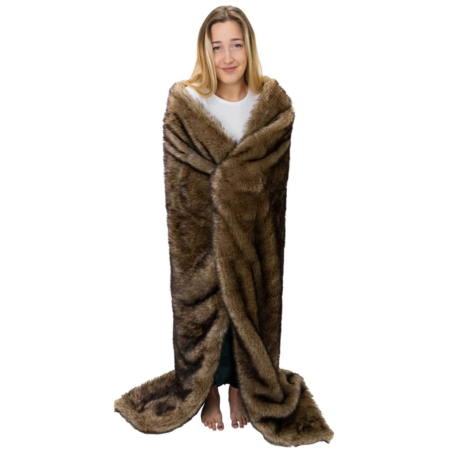 Faux Wolf Fur Blanket with Button Straps and Storage Pocket, 54 Inches x 64 Inches