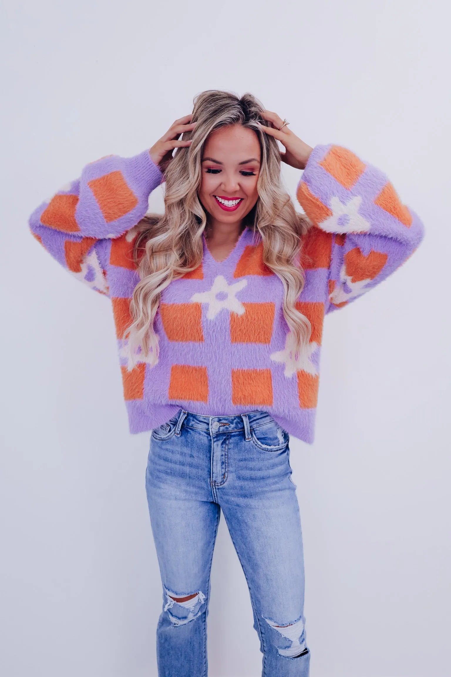 Fluffy Fun Open Collar Sweater - Lavender/Multi