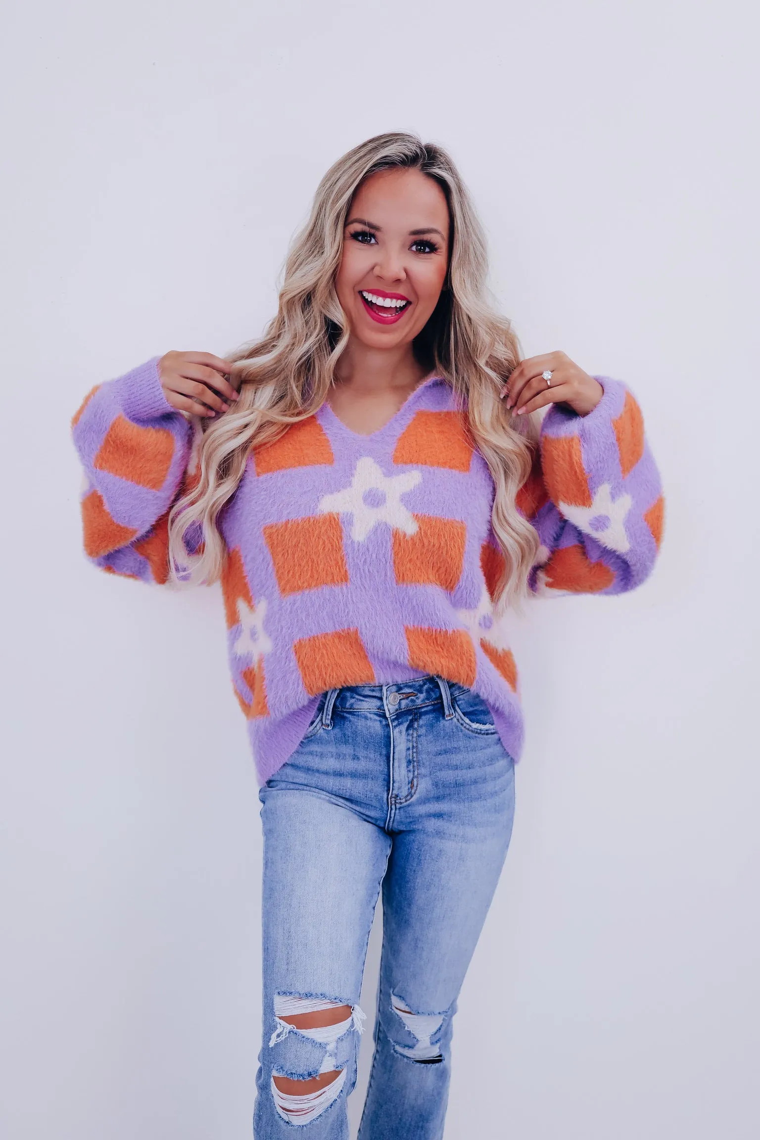 Fluffy Fun Open Collar Sweater - Lavender/Multi