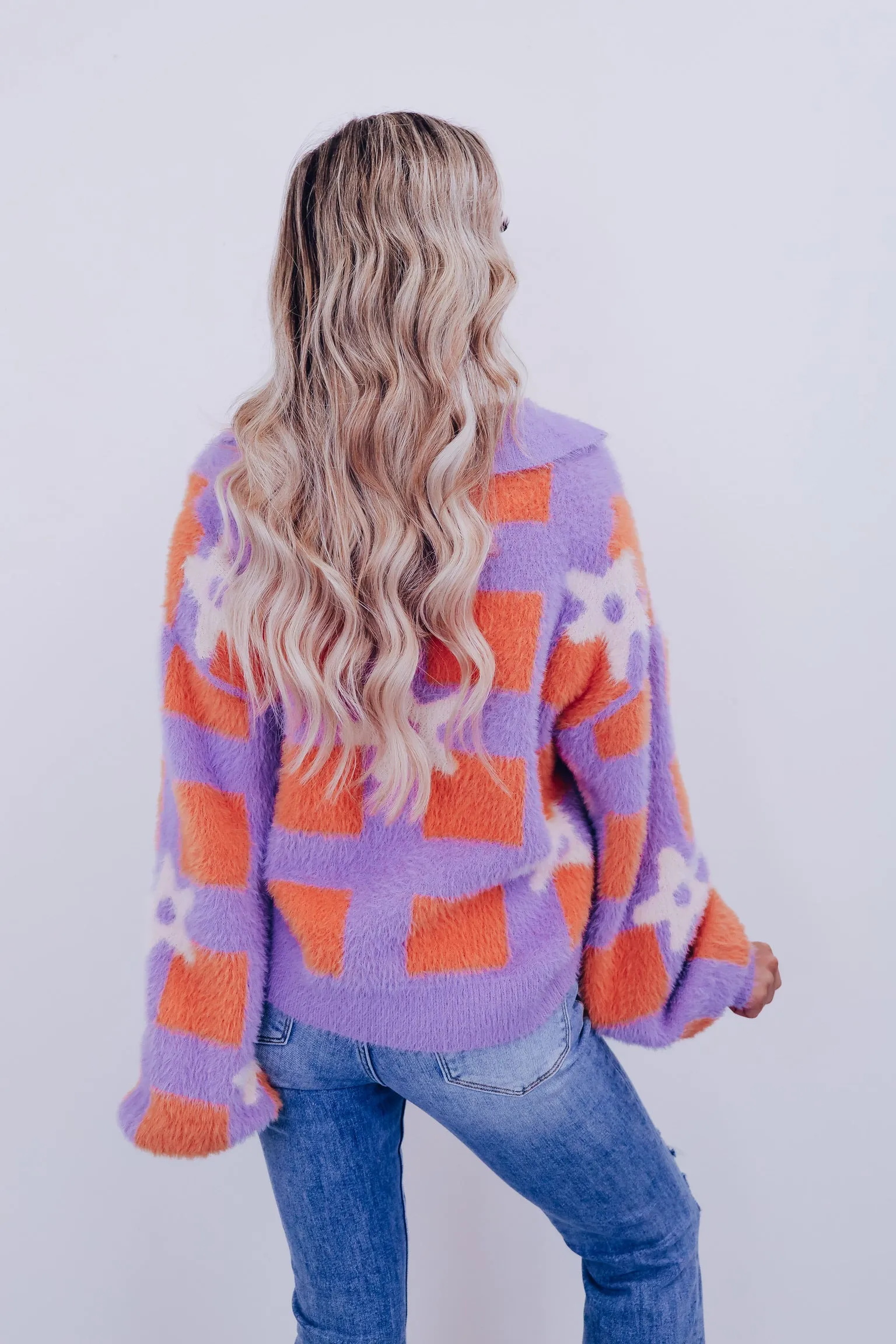 Fluffy Fun Open Collar Sweater - Lavender/Multi